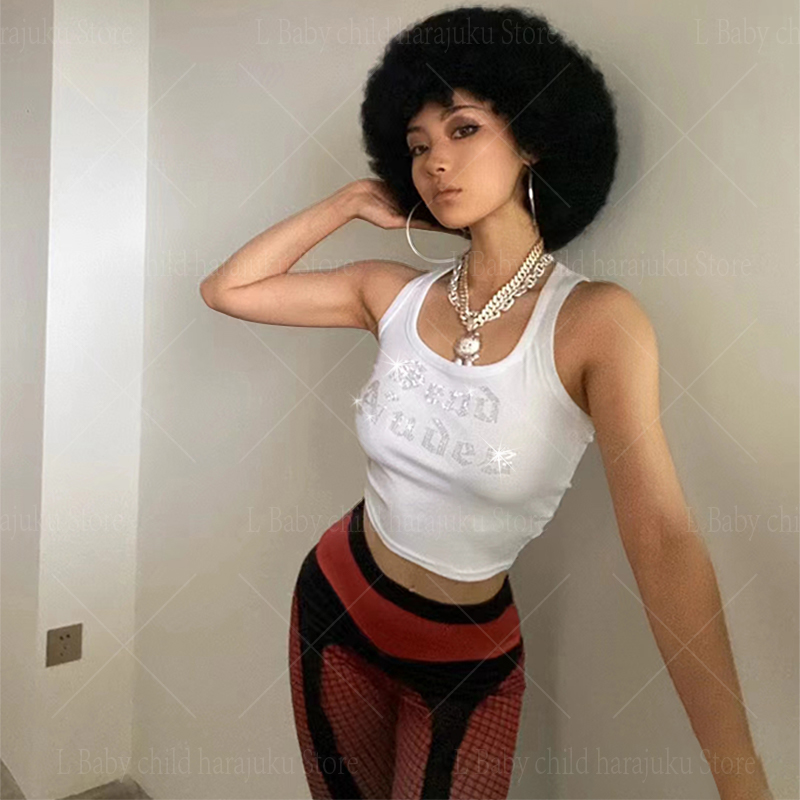 Baby Y2K Clothing - Y2K 라인스톤 레터 프린트 크롭탑 여성용,