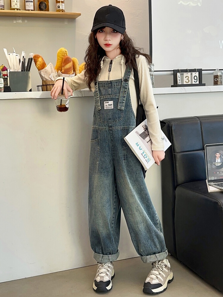 Baby Overall Denim - 봄철 편안한 여아용 데님 멜빵 바지